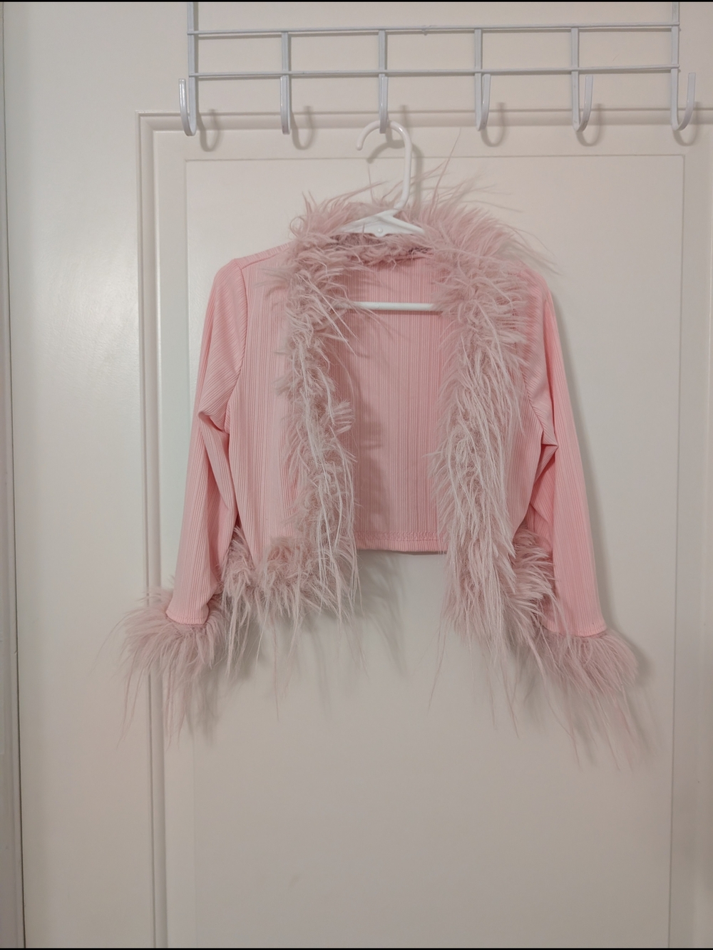 SHEIN Pink Faux-Fur Trim Ribbed Cropped Jacket Size 4